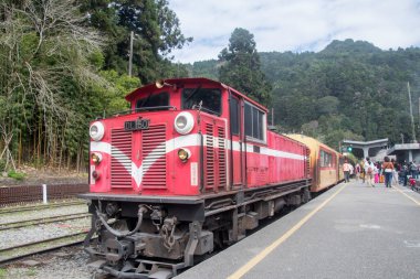 Alishan, Tayvan 6 Aralık 2022 Alishan Dağı 'ndaki Fenchihu tren istasyonunda. Alishan Ormanı Demiryolu dar demiryollarında 86 km 'lik bir ağdır.