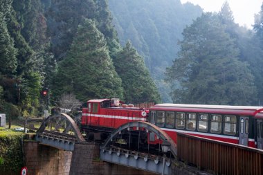 Alishan, Tayvan - 7 Aralık 2022 Alishan Ulusal Sahne Bölgesi 'nde Alishan Orman Treni. Alishan Orman Treni Alishan ve Kutsal Ağaç İstasyonu arasında mekik dokumakta olan klasik bir tren.