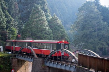 Alishan, Tayvan - 7 Aralık 2022 Alishan Ulusal Sahne Bölgesi 'nde Alishan Orman Treni. Alishan Orman Treni Alishan ve Kutsal Ağaç İstasyonu arasında mekik dokumakta olan klasik bir tren.