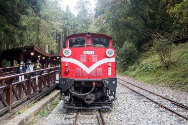 Alishan, Tayvan - 7 Aralık 2022 Alishan Ulusal Sahne Tayvan 'daki Kutsal Ağaç İstasyonu' nda halka açık tren iskelesi. Bu istasyon antik ağacı ziyaret etmek için bir yerdir..