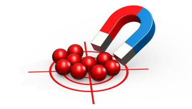 Mıknatıs kırmızı metal topları tek başına çeker, üç boyutlu görüntüler