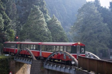 Alishan, Tayvan - 7 Aralık 2022 Alishan Ulusal Sahne Bölgesi 'nde Alishan Orman Treni. Alishan Orman Treni Alishan ve Kutsal Ağaç İstasyonu arasında mekik dokumakta olan klasik bir tren.