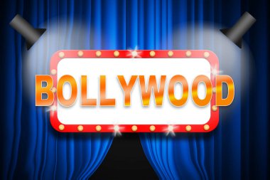 Bollywood banner with curtain illuminated by spotlights, 3d rendering