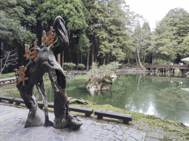 Alishan, Tayvan - 7 Aralık 2022: Tayvan 'daki Alishan Ulusal Orman Dinlenme Bölgesi' ndeki Rahibe Göletleri. 2100 metre yükseklikteki iki yüksek dağ göleti tarafından oluşturulmuştur.