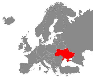 Map of Ukraine highligted with red in Europe map. 3d rendering