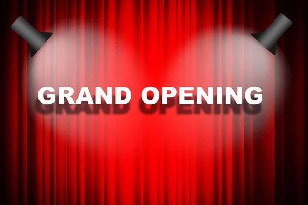 Grand opening word on banner with red curtains, 3d rendering