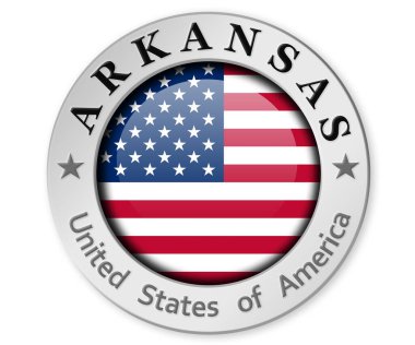 Silver badge with Arkansas and USA flag, 3d rendering