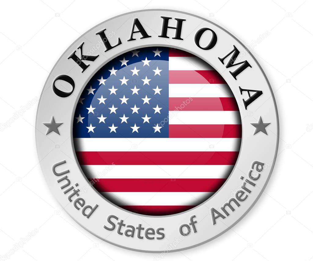 Silver badge with Oklahoma and USA flag, 3d rendering