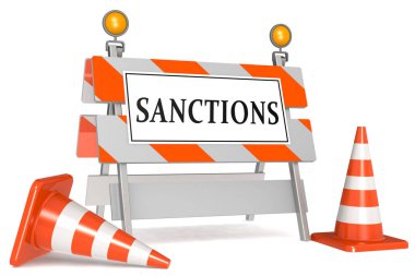 Sanctions sign on barricade and traffic cones, 3D rendering