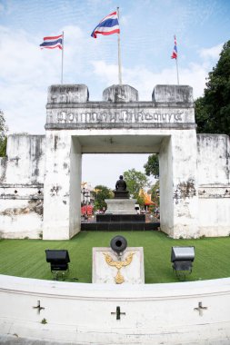 Kanchanaburi , Thailand- 16 Feb, 2023: The Kanchanaburi City Gate of the Kanchanaburi. It is an ancient style gate built since 1831 with bricks and cement