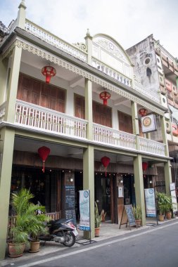 Kanchanaburi, Thailand- 16 Feb, 2023: Historical building along Pakprak Heritage Street in Kanchanaburi, Thailand.  More than 20 heritage buildings feature along the road