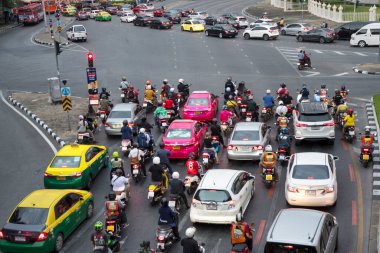Bangkok, Thailand- 15 Feb, 2023: Traffic condition at Victory Monument in Bangkok. Victory monument is the military monument in Bangkok established in 1941 to commemorate victory in Franco-Thai war