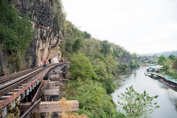 Kanchanaburi, Thailand- 16 Feb, 2023: Tham Krasae Railway Bridge over the river Kwai of Death Railway in Kanchanaburi. It was built over during World-war II of only 17 days during the spring of 1943.