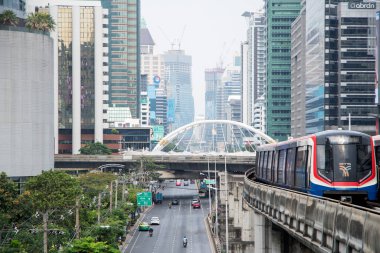 Bangkok, Thailand- 17 Feb, 2023: BTS Sky Train is running in downtown of Bangkok. Sky train is fastest transport mode in Bangkok.