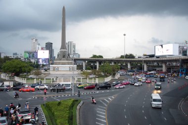 Bangkok, Thailand- 15 Feb, 2023: Traffic condition at Victory Monument in Bangkok. Victory monument is the military monument in Bangkok established in 1941 to commemorate victory in Franco-Thai war