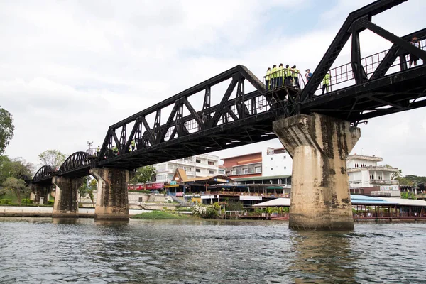 stock image Kanchanaburi , Thailand- 16 Feb, 2023: View of River Kwai Bridge or Death railway bridge in Kanchanaburi, Thailand. It was part of the meter-gauge railway constructed by the Japanese during WW 2