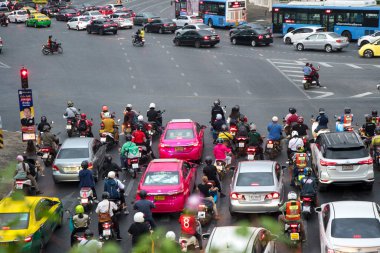 Bangkok, Thailand- 15 Feb, 2023: Traffic condition at Victory Monument in Bangkok. Victory monument is the military monument in Bangkok established in 1941 to commemorate victory in Franco-Thai war