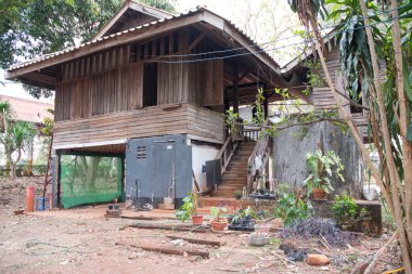 Kanchanaburi, Thailand- 16 Feb, 2023: Exterior of classic village house in Thai Style.