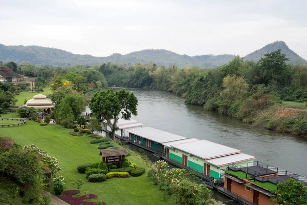 Kanchanaburi, Thailand- 16 Feb, 2023: Resort with floating apartments on the River Kwai in Kanchanaburi, Thailand. It is a serene hideaway surrounded by verdant greenery