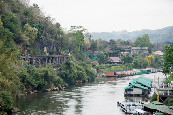 stock image Kanchanaburi, Thailand- 16 Feb, 2023: Resort with floating apartments on the River Kwai in Kanchanaburi, Thailand. It is a serene hideaway surrounded by verdant greenery