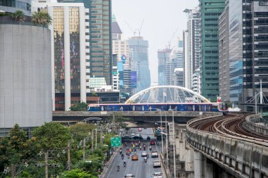 Bangkok, Thailand- 17 Feb, 2023: BTS Sky Train is running in downtown of Bangkok. Sky train is fastest transport mode in Bangkok.