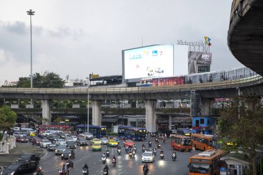 Bangkok, Thailand- 15 Feb, 2023: Traffic condition at Victory Monument in Bangkok. Victory monument is the military monument in Bangkok established in 1941 to commemorate victory in Franco-Thai war