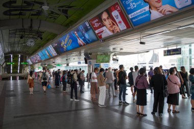 Bangkok, Thailand- 13 Feb, 2023: Passenger are waiting and transporting at Skytrain station in Bangkok. BTS Skytrain is an elevated rapid transit system in Bangkok
