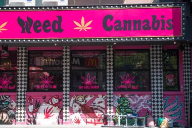 Bangkok, Thailand- 12 Feb, 2023: Shop sells cannabis on the street of Bangkok. Various shops have mushroomed in Bangkok since Thailand legalised the cultivation and sale of cannabis