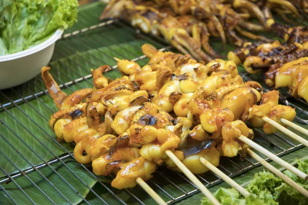 Grilled Squid Skewers Street Market Bangkok Thailand — Stock Fotó