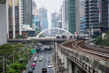 Bangkok, Thailand- 17 Feb, 2023: BTS Sky Train is running in downtown of Bangkok. Sky train is fastest transport mode in Bangkok.
