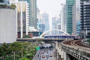 Bangkok, Thailand- 17 Feb, 2023: BTS Sky Train is running in downtown of Bangkok. Sky train is fastest transport mode in Bangkok.