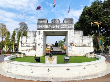 Kanchanaburi , Thailand- 16 Feb, 2023: The Kanchanaburi City Gate of the Kanchanaburi. It is an ancient style gate built since 1831 with bricks and cement