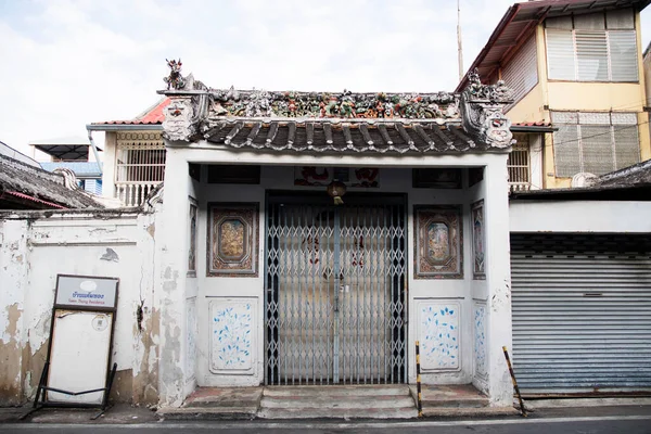 Kanchanaburi, Thailand- 16 Feb, 2023: Historical building along Pakprak Heritage Street in Kanchanaburi, Thailand.  More than 20 heritage buildings feature along the road