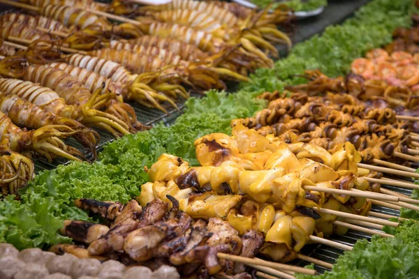 Grilled Bbq Skewer Foods Place Tray Market Sell Street Market — Stock Photo, Image