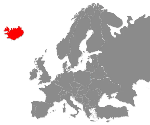 Карта Исландии Выделена Красным Цветом Карте Европы Рендеринг — стоковое фото