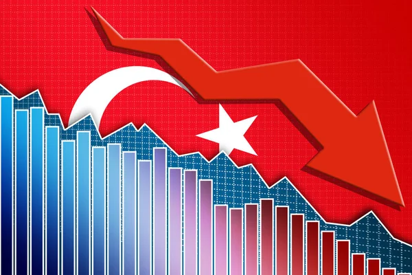 Economie Van Turkije Valt Neer Met Pijl Vlag Rendering — Stockfoto