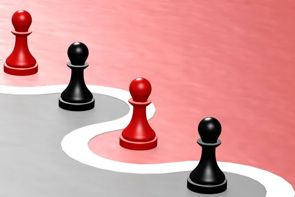 Red Black Chess Pawn Separated Two Rendering — Stock Photo, Image
