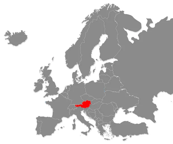 Mapa Rakouska Zvýrazněná Červeně Mapě Evropy Vykreslování — Stock fotografie