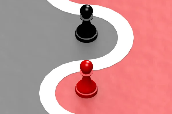 红棋棋子和黑棋棋子分成两半 3D渲染 — 图库照片