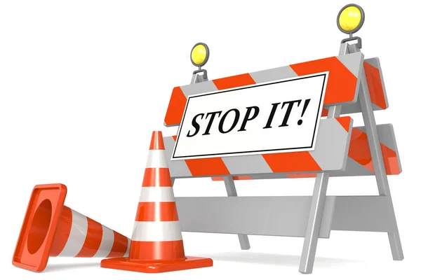 Stop Schild Auf Barrikaden Und Verkehrskegeln Rendering — Stockfoto