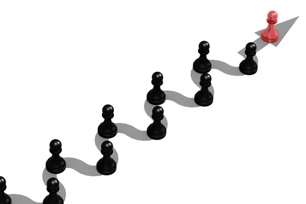 Leadership Concept Red Pawn Standing Out Black Rendering — Stock Photo, Image
