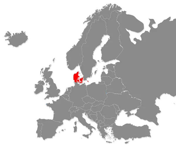 Danimarka Haritası Avrupa Haritasında Kırmızı Ile Işaretlenmiş Oluşturma — Stok fotoğraf