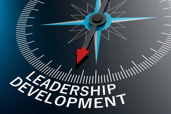 Compass needle pointing to leadership development word, 3D rendering