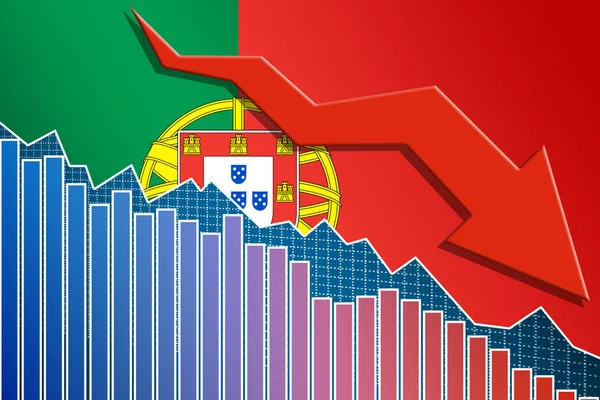 Economia Portugal Caindo Com Seta Bandeira Renderização — Fotografia de Stock