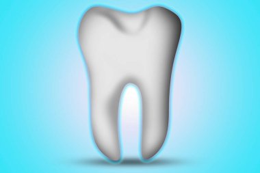 Mavi arkaplanda beyaz diş çizimi izole edildi, 3D görüntüleme