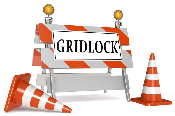 Gridlock Znak Barykadzie Szyszki Ruchu Renderowanie — Zdjęcie stockowe