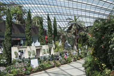 Singapur, 16-Haziran 2023, Singapur Körfezi yakınlarındaki Gardens 'taki Çiçek Kubbesi' nin iç manzarası. Cam kubbenin altında farklı bitki ve ağaçlardan oluşan bir koleksiyon.
