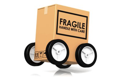 Kırılgan kelimelerle dolu bir karton kutu, 3 boyutlu.