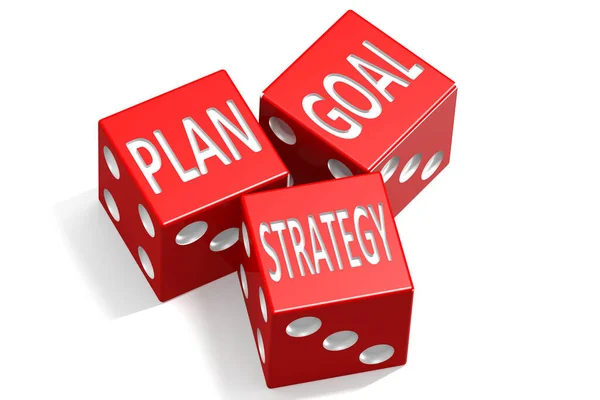 Plan Doel Strategie Woord Rode Dobbelstenen Rendering — Stockfoto