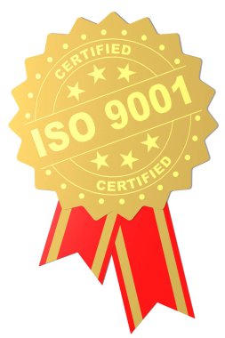 ISO 9001 'in altın mühür sertifikalı sözü, 3D tasvir. ISO 9001 kalite yönetim sistemi için kriterler belirledi 